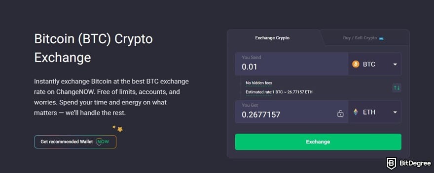 ChangeNOW incelemesi: ana sayfadaki Bitcoin kripto borsası.