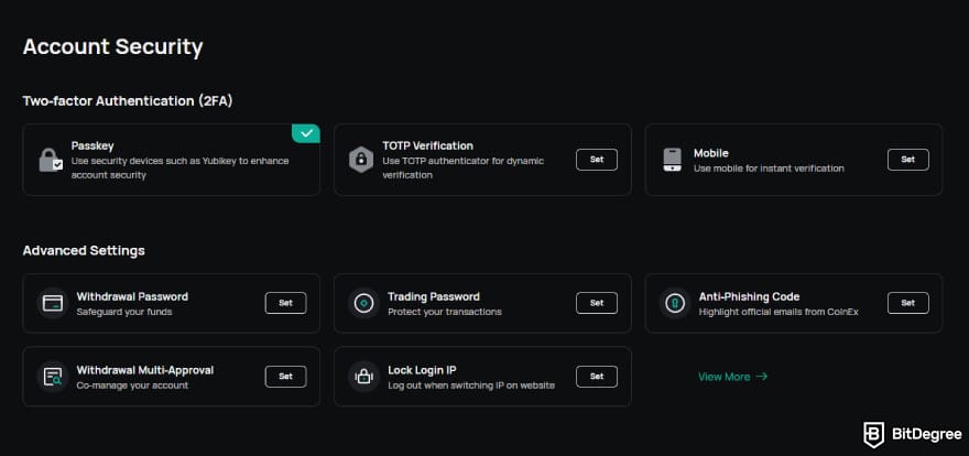 CoinEx incelemesi: hesap güvenliği ayarları.