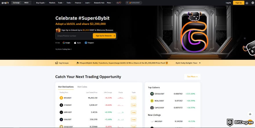 CoinEx incelemesi: Bybit ana sayfası.