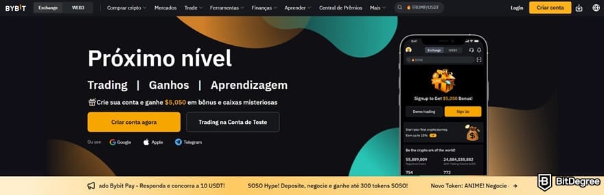 Обзор Foxbit: главная страница Bybit на португальском.
