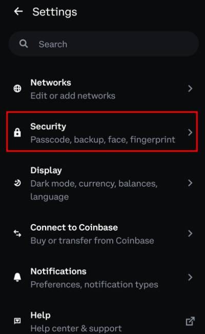 How to recover crypto wallet: Settings page on the Coinbase App.