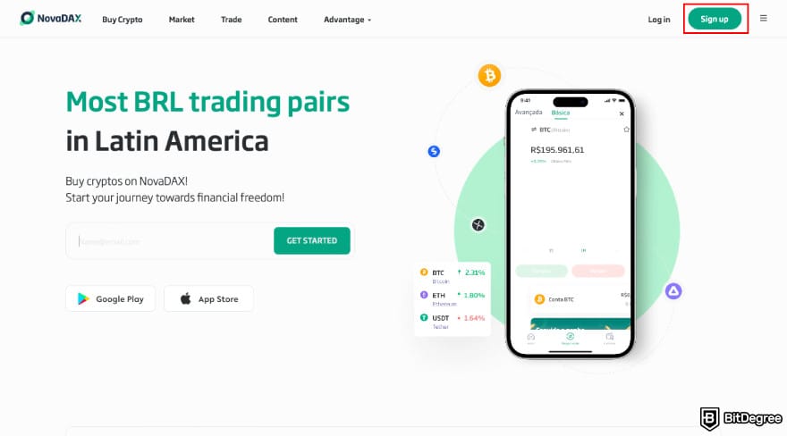 Revisión de NovaDAX: navega a Sign up.