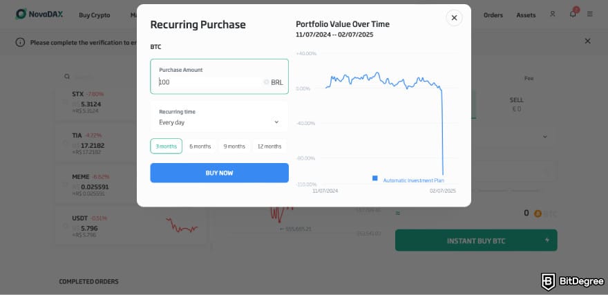 Revisión de NovaDAX: una captura de pantalla de la función de simulación en NovaDAX.