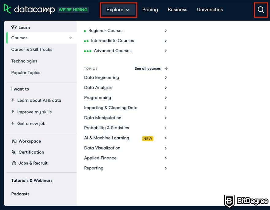 DataCamp review: drop-down menu and search.